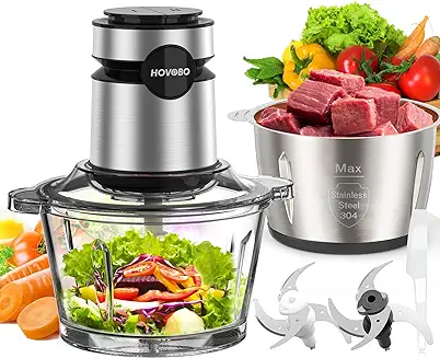 10. Food Processor, 500W Electric Meat Grinder Food Chopper with Two 8 Cup Bowls & 2 Bi-Level Blades, 2 Speed Kitchen Cutter for Vegetable, Onion, Garlic, Meat, Nuts, and Baby Food, Black