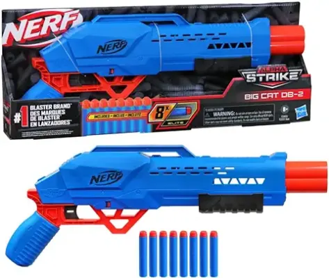 2. Nerf Alpha Strike Big Cat Db-2 Blaster,Double-Barrel Blasting, Fires 2 Darts in A Row,Includes 8 Official Nerf Elite Darts,Multicolor