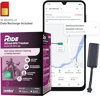 10. LocoNav Ride - Wired GPS Tracker for Car, Scooty, and Bike | Hidden Device with Live Location Tracking, Anti-Theft and Geofence Alerts, Driver Behaviour | PAN India Installation | 1 Year SIM Data