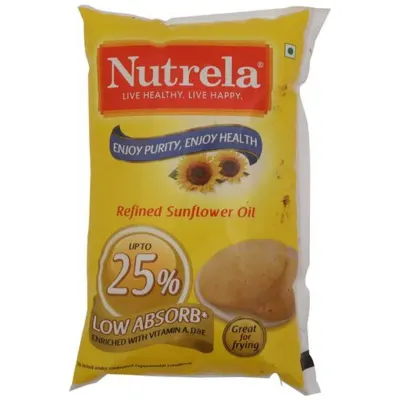 Nutrela Refined Sunflower Oil - Upto 25% Low Absorb, 1 L Pouch