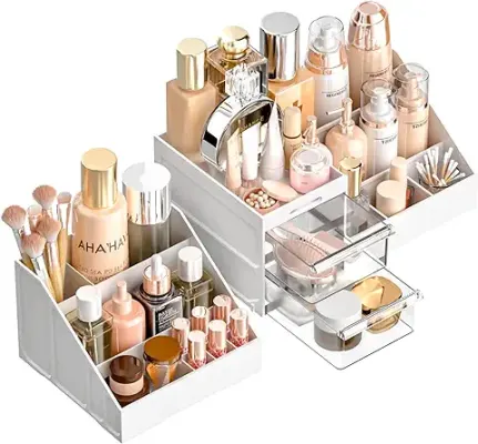 9. Makeup Organizer, Large Capacity with Drawers for Vanity, Makeup Brush, Nail Polish and Beauty Supplies White/Clear