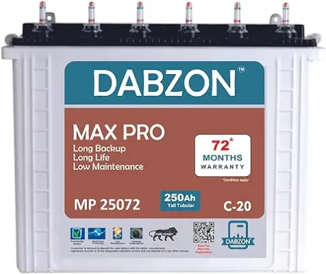 6. Dabzon Max Pro 250Ah Recyclable Tall Tubular Inverter Battery for Home, Office & Shops | MP25072TT | 72 Month Warranty