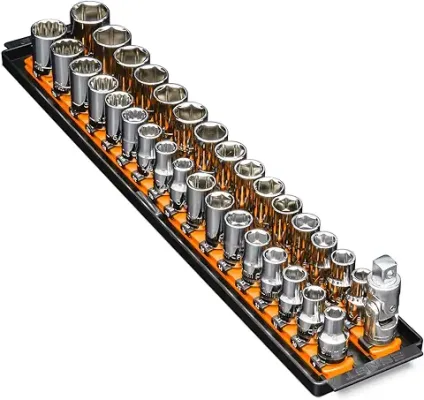 5. Ernst Manufacturing 8488 Socket Boss, Premium 2-Rail, 1/2 Inch-Drive Socket Organizer, 18-Inch, Orange
