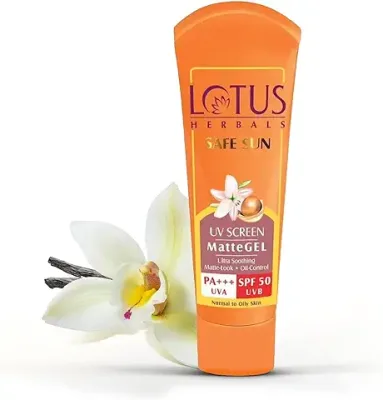 8. Lotus Herbals Safe Sun Invisible Matte Gel Sunscreen SPF 50 PA+++ , For Men & Women, Non-Greasy, Suitable for Oily Skin, 100g,Orange