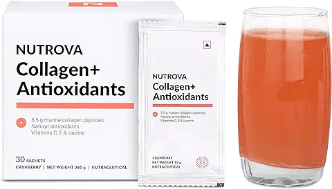 14. NUTROVA Collagen+Antioxidants Supplement - 30 Sachets of Marine Collagen Powder for Men & Women, Increases Skin Hydration, Reduces Skin Damage, Supports Healthy Skin, Hair & Nails, Cranberry Flavour
