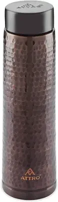 15. Attro Aarogyam 900ml Shhudh Vintage Hammered Finish Copper Water Bottle, Brown, Standard
