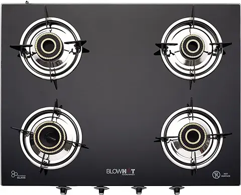 3. BLOWHOT Jasper Heavy Tornado Brass 4 Burner Auto Ignition Gas Stove | Toughened Glass Cooktop | ISI Certified - Stainless Steel Frame Black