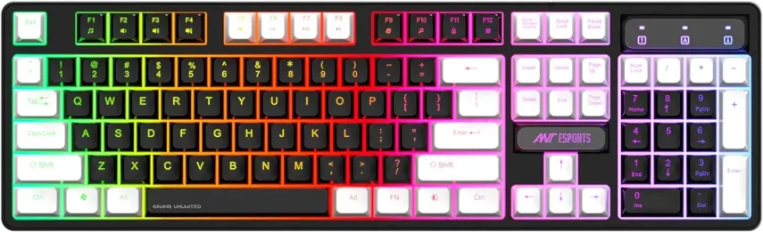 1. Ant Esports MK1400 Pro Backlit Membrane Wired Gaming Keyboard with Mixed Colour Lighting, White & Black Keycaps, Double Injection Key Caps - Black
