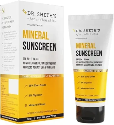 1. Dr. Sheth's Mineral Sunscreen SPF 50 PA+++ | Water Proof Sunscreen | No White Cast | Quick-absorbing | Ultra Lightweight & Non-sticky | 25% Zinc Oxide | for All Skin Types | for Women & Men | 50g