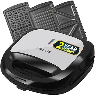 8. iBELL SM1301 3-in-1 Sandwich Maker with Detachable Plates for Toast/Waffle/Grill, 750 Watt (24 x 24 x 10 cm)