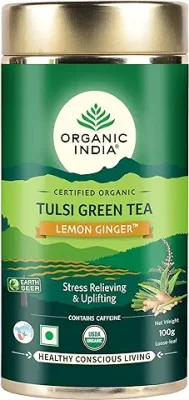 14. ORGANIC INDIA Tulsi Green Tea Lemon Ginger 100 gm tin