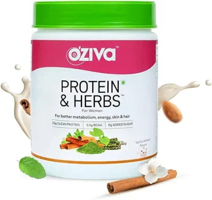 3. OZiva Protein & Herbs, Women, (Natural Protein Powder with Ayurvedic Herbs like Shatavari, Giloy, Curcumin & Multivitamins for Boosting Energy, Skin & Hair (Vanilla Almond, 500g)