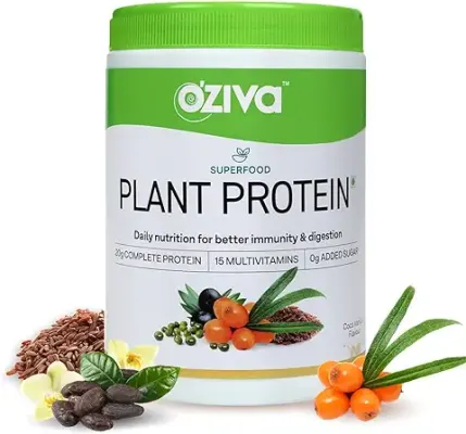 13. OZiva Superfood Plant Protein Powder, for Men & Women, Coco Vanilla, 250g (20g of Complete Vegan Protein Powder with Essential Vitamins & Minerals) for Boosting Immunity, Energy & Better Digestion