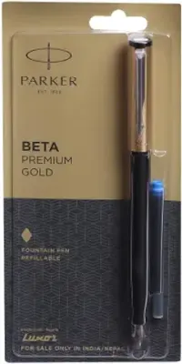 9. Parker Beta Premium Fountain Pen, Refillable, Chrome Trim, Gold with Free Ink Cartridge (1 Count, Ink - Blue), Perfect for Gifting, Luxurious Pen for Writers