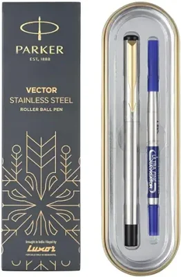 6. Parker Moments Vector Gold Trim Roller Ball Pen (Silver)