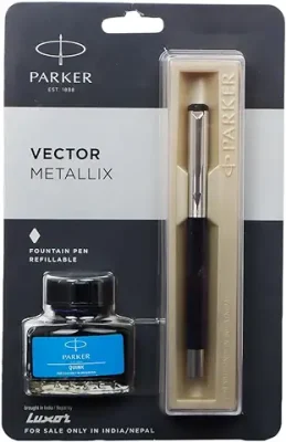3. Parker Vector Mettalix Silver Trim Fountain Pen With Free Quink Blue Ink Bottle (Ink - Blue)