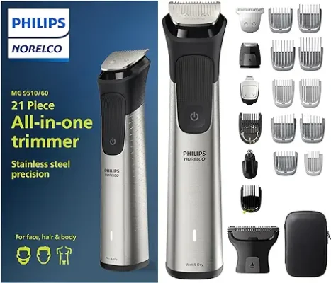 13. Philips Norelco Multigroom Series 9000 - 21 piece Men's Grooming Kit for beard, body, face, nose, ear hair trimmer w/ premium storage case, MG9510/60