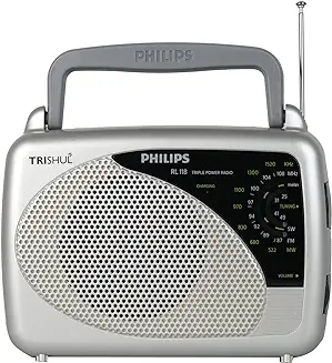 7. Philips Radio RL118/94 with MW/SW/FM Bands, 200mW RMS soundoutput,3-1 Power Source External Battery:2xR6 (3V DC), Mains: 230V AC/ 50 Hz, Built in Rechargeable Battery
