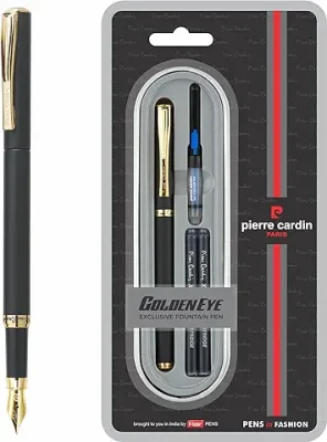 11. Pierre Cardin Golden Eye Matte Black Finish Exclusive Metal Fountain Pen Blister Pack | Free Coverter & 2 Extra Long Cartridges | Blue Ink, Pack Of 1| Ideal For Corporate Gifting, Festive Gifting