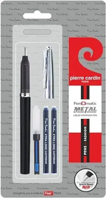 2. Pierre Cardin Penomatic Metal Exclusive Fountain Pen Blister Pack | Liquid Fountain Pen with Special Round Nib | Free Coverter & 2 x Xtra Long Cartridges | Ideal For Gifting | Blue Ink, Pack Of 1