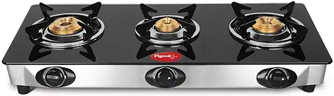 12. Pigeon by Stovekraft Favourite Glass Top 3 Burner Gas Stove, Manual Ignition, black