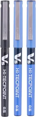 4. Pilot Hi-Tecpoint V5 0.5mm Extra Fine Point Pure Liquid Ink Roller Ball Pen | Pack Of 3 (2 Blue + 1 Black)