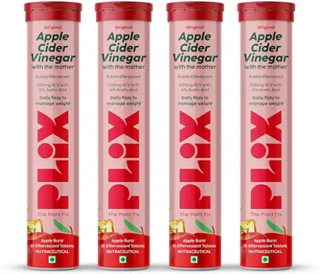 3. PLIX - THE PLANT FIX Apple Cider Vinegar 15 Effervescent Tablet, ACV with mother for weight loss and easy digestion, vitamin B6 & B12, Pack of 4 (Apple), 100% vegan, Easy to carry & consume