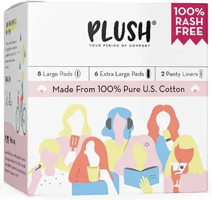 9. Plush 100% Pure U.S. Cotton 14 Sanitary Pads for Women | 8 Light Flow Pads (L) 6 Heavy Flow (XL) & 2 Panty Liners | Ultra-Thin, Rash Free | For All Skin Type | Vegan