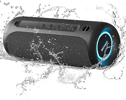 4. Portable Speaker, Wireless Bluetooth Speaker, IPX7 Waterproof, 25W Loud Stereo Sound, Bassboom Technology, TWS Pairing, Built-in Mic, 16H Playtime with Lights for Home Outdoor - Black