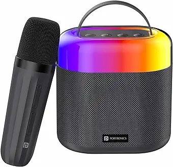 14. Portronics Dash 3 16W Bluetooth Speaker with Wireless Karaoke Mic, 5 Hours Playtime, Multicolor RGB Lights, 3 EQ Modes, 5 Voice Effects, AUX in, BT5.3v, Micro SD Card, Type C Charging Port(Black)