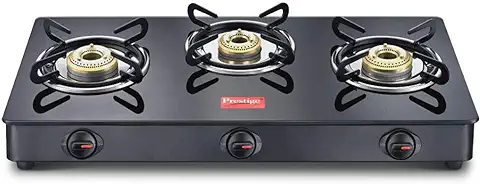 3. Prestige IRIS Toughened Glass-Top 3 Brass Burner LPG Gas Stove | Black Spill Proof Design | Ergonomic Knob | Tri-Pin Burners