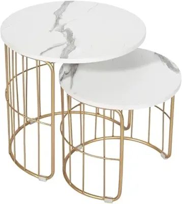 14. Priti - Nature Lover Golden Coffee Table Nesting Table Set of Two - Center Table - Tea Table for Living Room - Golden - Laminated Marble Finish Table top