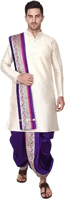 3. Rameshwaram Fabrics Men's Indian Traditional Wedding Dress, Readymade Dhoti with Sherwani Style Kurta - Stole