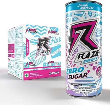 4. RAZE Functional Energy Drink, 75mg Caffeine, Zero Calories, Performance and Hydration (South Beach) | Pack of 4, 250 ml each