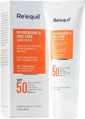 1. RE' EQUIL Oxybenzone and OMC Free Sunscreen For Oily, Sensitive & Acne Prone Skin, SPF 50 PA+++ - 50g