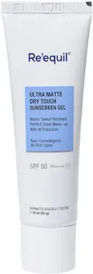 11. RE' EQUIL Ultra Matte Dry Touch Sunscreen Gel, Matte Finish Sunscreen For All Skin Types, Water & Sweat Resistant With Spf 50 Pa++++ No White Cast, Non-Greasy & Non-Comedogenic, 50g