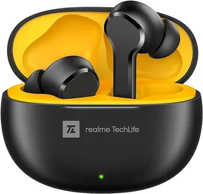 13. realme TechLife Buds T100 Bluetooth Truly Wireless in Ear Earbuds with mic, AI ENC for Calls, Google Fast Pair, 28 Hours Total Playback with Fast Charging and Low Latency Gaming Mode (Black)