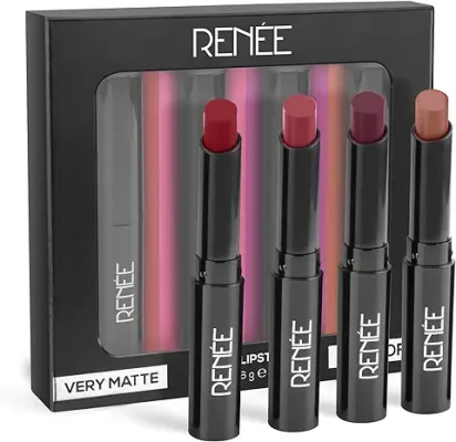 RENNE Very Matte - Pack of 4 Matte Lipsticks | Intense Color Pay Off, Full Coverage Long Lasting Weightless Velvety Formula