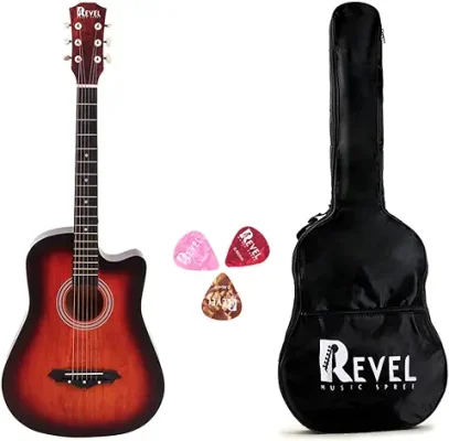 12. REVEL 38 Inches Lindenwood Cutaway Design Acoustic Guitar With Carry Bag And Plectrums. (sunburst)