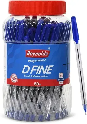 2. Reynolds D FINE BALLPEN - BLUE | PACK OF 50 | Ball Point Pen Set With Comfortable Grip | Pens For Writing | School and Office Stationery | Pens For Students | 0.7 mm Tip Size
