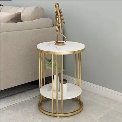 10. RIBAVARYTM Metal Round Coffee Table with Extra Shelf for Living Room & Bedroom, Side Table for Small Spaces, Wooden Top & Metal Frame End Table, Modern Elegent Design (White & Golden)