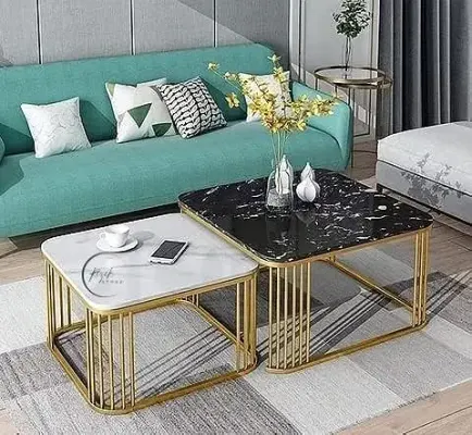 7. RIZIK STORETM Iron Frame Handmade Square 20"x20" Coffee Table/Nesting Table/Side Table/Center Table with Marble MDF White Top for Living Room/Drawing Room/Balcony Gold (Black) (Set of 2)