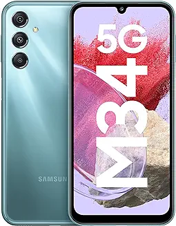 4. Samsung Galaxy M34 5G (Waterfall Blue,6GB,128GB)|120Hz sAMOLED Display|50MP Triple No Shake Cam|6000 mAh Battery|4 Gen OS Upgrade & 5 Year Security Update|12GB RAM with RAM+|Android 13|Without Charger