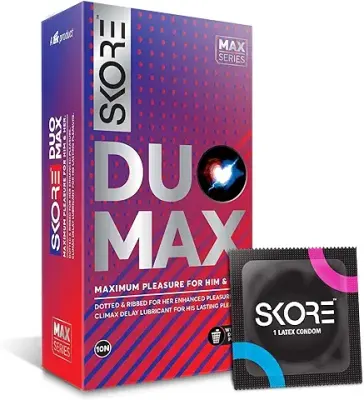 3. Skore Duo Max - Premium Condoms for Him & Her with Disposal Pouches | Performa Lubricant for Long Lasting Climax Delay | Suitable for use with lubes & toys- 1 Pack (10 pieces)