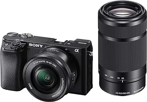 1. Sony Alpha ILCE-6100Y 24.2 MP Mirrorless Digital SLR Camera with 16-50 mm & 55-210 mm Zoom Lenses, APS-C Sensor, Fast Auto Focus,Real-time Eye AF,Real-time Tracking, Vlogging & Content Creation -Black