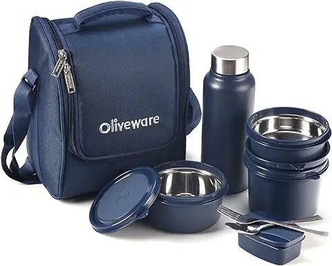 4. SOPL-OLIVEWARE Teso Pro Lunch Box With Steel Cutlery,3 Microwave Safe Inner Steel Containers With Bpa Free Lids(290Ml,450Ml&600Ml)Plastic Pickle Box(130Ml)Steel Water Bottle(750Ml)-Blue,600 Ml