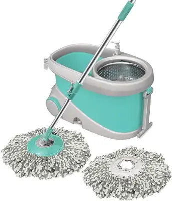 1. Spotzero by Milton Prime Spin Mop with Big Wheels and Stainless Steel Wringer, Bucket Floor Cleaning and Mopping System, 2 Microfiber Refills, Aqua Green