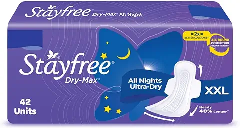 13. Stayfree Dry Max XXL | 42 Pads | All Night XXL Dry Cover Sanitary Pads for Women | Convert Heavy flow into Gel | Odour Control | Absorbs 2x more with wider back | Superior Dry feel | Ultra Thin Pads |