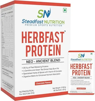 9. Steadfast Nutrition Herbfast Whey Protein | Fast-release whey proteins for lean muscle growth, weight management With Ashwaganda, Curcumin, Cinnamon | Chocolate Flavour (60 Sachets)