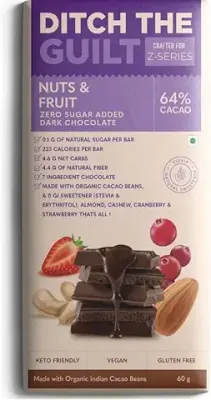 10. Sugar Free Chocolate - Ditch The Guilt - Fruit & Nut - Vegan Dark Chocolate - Stevia Sweetened - Lower Calories than Regular Sugar Chocolate - 60g